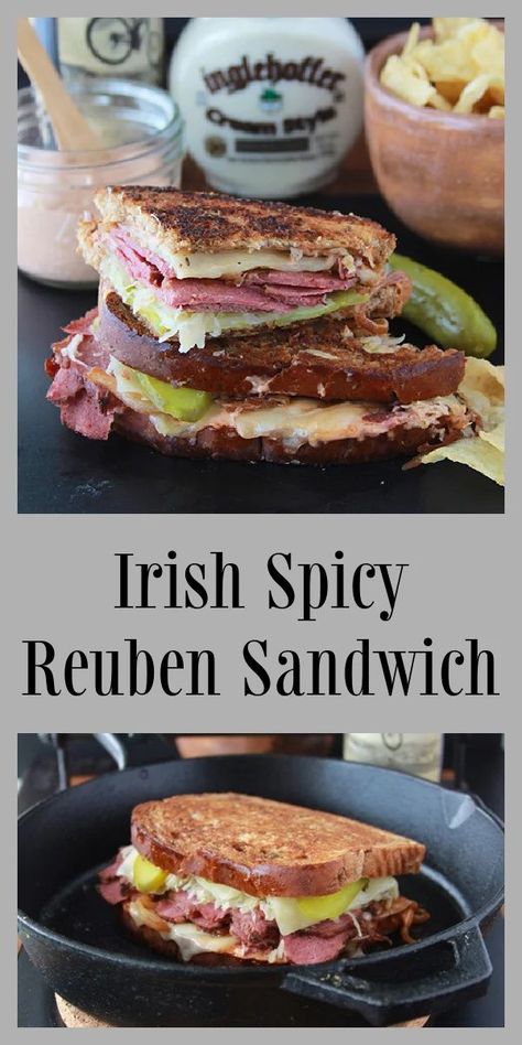 Our Irish Spicy Reuben Sandwich Recipe is completely amazing and the secret is all in the spicy Irish rueben sauce. Our Irish Sandwich is made with marbled rye bread, corned beef, dill pickles, crispy sauerkraut, dubliner butter, Irish cream style horseradish, and swiss cheese. This sandwich is a filling lunch or dinner and a well loved sandwich by so many around the world! || cookingwithruthie.com #irishsandwich #reubensandwich #stpatricksday Rueben Sauce, Pastrami Sandwich Recipe, Reuben Recipe, Reuben Sandwich Recipe, Reuben Sandwiches, Best Sandwich Recipes, Pastrami Sandwich, Sandwich Ideas, Reuben Sandwich