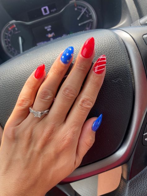 Red white and blue acrylics Chrome Red White And Blue Nails, Short Almond Acrylic Nails 4th Of July, 4th Of July Nails Almond Short, 4 Of July Nails Acrylic Almond, Cute 4th Of July Nails Almond Shape, Patriotic Almond Nails, Red White And Blue Aura Nails, Forty Of July Nails, Almond Nails 4th Of July