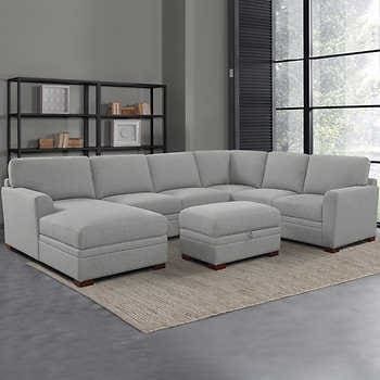 Thomasville Langdon Fabric Sectional with Storage Ottoman | Costco Costco Sofa, Sectional Costco, Basement Couch, Sectional With Storage Ottoman, Living Room Addition, Sectional With Storage, Sectional With Chaise, North Carolina Homes, Fabric Sectional