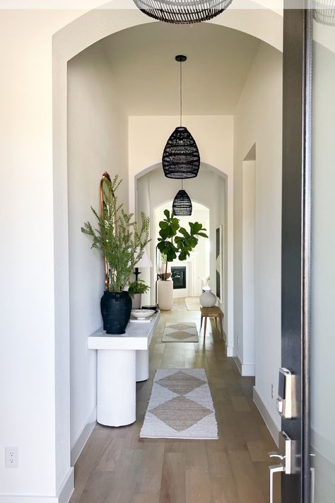 Long Hallway Light Fixtures, Entryway Long Hallway, Long Hallway Entryway Ideas, Long Hallway Decorating Entry Ways, Long Entry Hallway Ideas, Long Hallway Wall Decor Ideas, Hallway Ideas Long, Alexa Elizabeth, Berry Palette