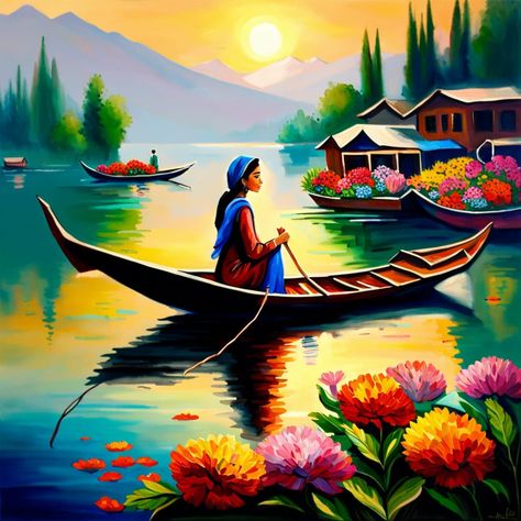 Dal Lake Kashmir Kashmir Drawing, Kashmir Painting, Dal Lake Kashmir, Beautiful Scenery Paintings, Saraswati Painting, Students Drawing, Country Pics, Chocolate Drawing, Scenery Drawing For Kids