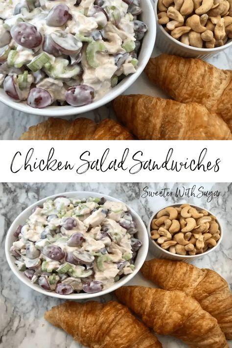 Chicken Salad Sandwiches-An easy sandwich recipe filled with the best ingredients. Chicken, Grapes, Celery, Cashews, Croissants, and Ranch Dressing, These Chicken Salad Sandwiches are perfect any night (or day) of the week. #ChickenSalad #Ranch #Brunch #MothersDay #Parties #SimpleRecipes Yakamein Recipe, Chicken Salad Sandwiches, Ham Salad Recipes, Salad With Grapes, Chicken Salad Sandwich Recipe, Chicken Salad With Grapes, Easy Sandwich, Easy Sandwich Recipes, Ham Salad