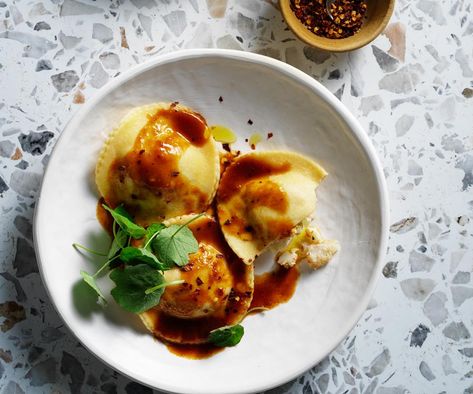 A very luxe filled pasta from the Melbourne's eatery. Prawn Ravioli, Flourless Cake Recipes, Ravioli Recipes, How To Make Bagels, Spinach And Ricotta Ravioli, Pasta Gnocchi, Sausage Ragu, Poke Bowl Recipe, Pumpkin Ravioli