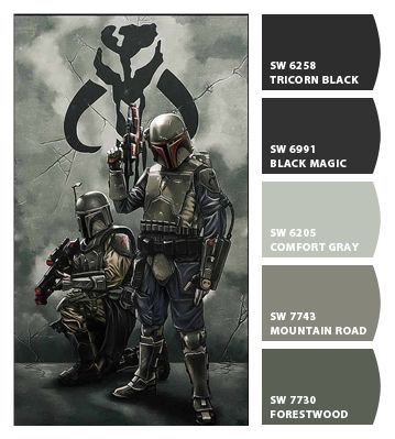 Paint colors from Chip It! by Sherwin-Williams Star Wars Color Pallete, Boba Fett Color Palette, Mandalorian Color Palette, Batcave Office, Star Wars Color Palette, Room Color Ideas For Men, Mandalorian Room, Star Wars House Decor, Man Cave Colors