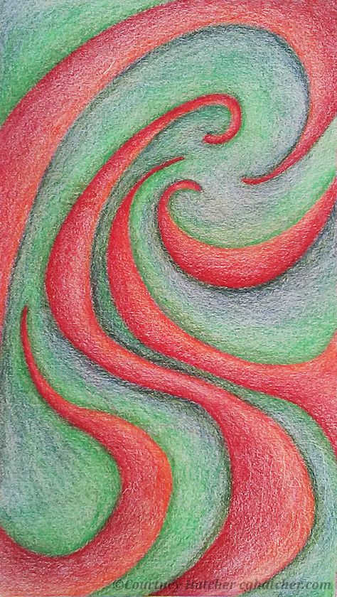 "Restless" by Courtney Hatcher. Colored pencil drawing on paper. 9" x 12". Colorful swirl drawing. Red swirls. Blue and green swirls. Rhythm and movement. The need for movement and action. Rhythm coming from or moving to the same point. Sketch, art journaling, intuitive drawing. Color study, color theory. Make art everyday. Bold, colorful artwork. Original art. Abstract drawing for self discovery. ©Courtney Hatcher All Rights Reserved Movement And Rhythm Art, Flowing Rhythm Art, Rhythm Drawing Ideas, Harmony Art Drawing, Movement Drawing Ideas, Movement Art Drawing, Rhythm Art Drawing, Swirls Drawing, Swirl Drawing