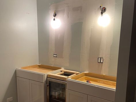 Basement Dry Bar Ideas With Fridge, Dining Room Dry Bar, Diy Dry Bar With Mini Fridge, Open Base Cabinets, Basement Dry Bar Ideas, Bar Cabinet With Fridge, Diy Dry Bar, Dry Bar Ideas, Wet Bar Cabinets