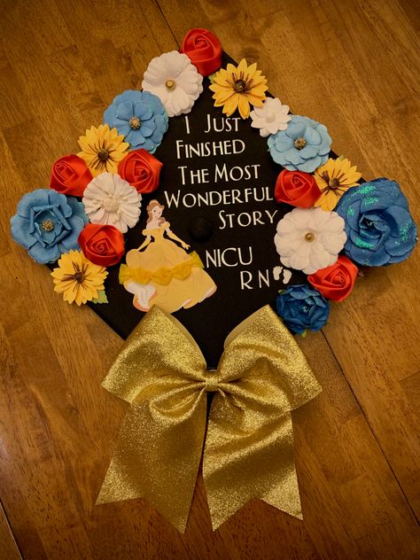 Oncology Graduation Cap, Graduation Cap Designs Beauty And The Beast, Beauty And The Beast Cap Graduation, Disney Nursing Graduation Cap, Beauty And The Beast Grad Cap, Belle Graduation Cap, Nicu Graduation Cap, Uni Graduation, Nurse Graduation Cap Designs