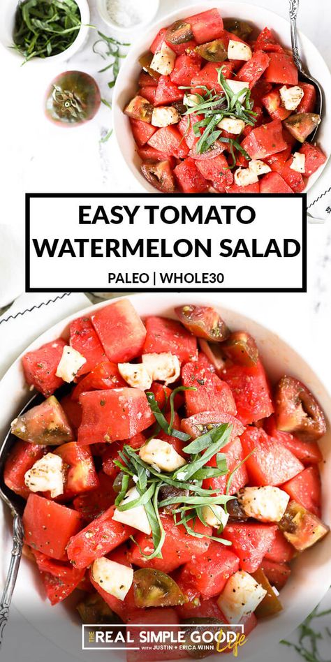 Watermelon And Mozzarella Salad, Carbs In Watermelon, Watermelon Salad With Feta Cheese, Arugula Watermelon Feta Salad, Heirloom Tomato And Watermelon Salad, Easy Summer Side Dishes, Dairy Recipes, Paleo Side Dishes, Easy Whole 30 Recipes