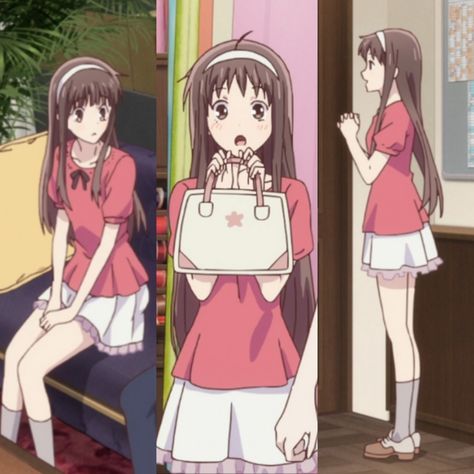 tohru honda red shirt with black bow, white/pink frilly skirt, white headband outfit Dress With Headband Outfit, Black Frilly Skirt Outfit, Outfits With White Headbands, Tohru Honda Clothes, Pink Shirt Black Skirt Outfit, Fruits Basket Inspired Outfits, Tohru Honda Outfit Aesthetic, Shoujo Girls Outfits, Pink Shirt With Skirt