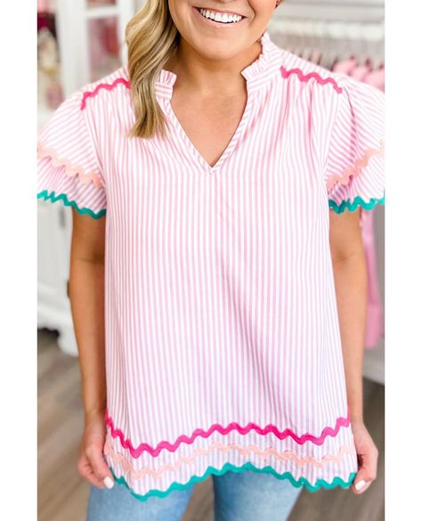 Pink Stripe Rick-rack Trim Ruffle Sleeve Top https://shop.classicteenclothing.com/products/pink-stripe-rick-rack-trim-ruffle-sleeve-top Rick Rack, Stripe Shirt, Ruffled Sleeve Top, Ruffled Sleeves, V Neck Blouse, Pink Blouse, Types Of Dresses, Pink Stripes, Striped Blouse