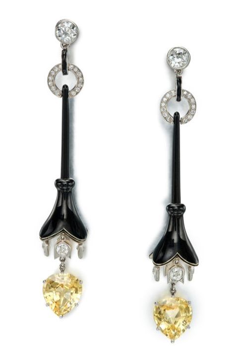 Cartier | A Pair of Art Deco Yellow Sapphire, Onyx, Enamel, Seed Pearl and Diamond Pendant-Ear Clips, Circa 1919. Art Deco Yellow, Citrine Earrings, Art Nouveau Design, Yellow Art, Art Deco Earrings, Seed Pearl, Art Deco Jewelry, Yellow Sapphire, Lily Of The Valley