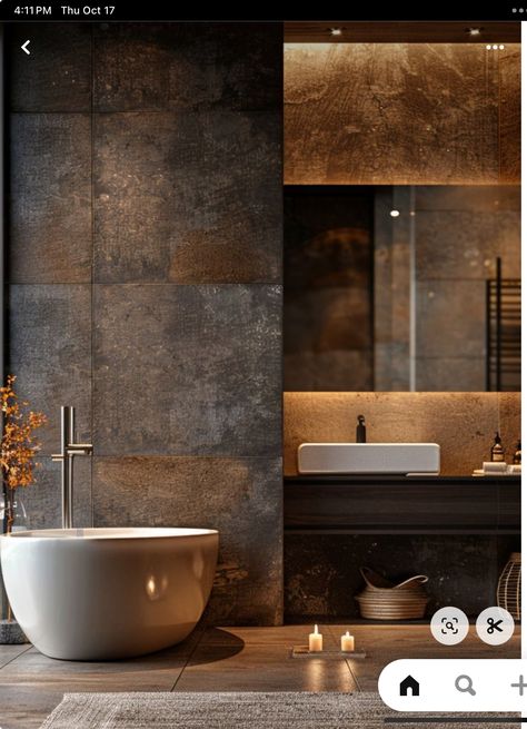 Sandstone Bathroom Ideas, Dark Walk In Shower Ideas, Dramatic Bathroom Ideas, Dark Shower Room, Dark Stone Bathroom, Bathroom Dark Floor, Dark Bathroom Cabinets, Brown And White Bathroom, Dark Brown Bathroom