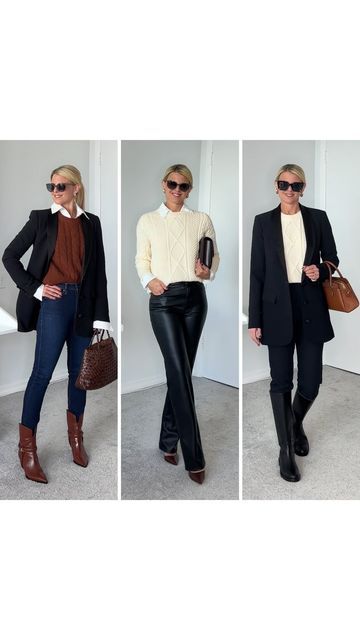 Style by Lyly - Fashion Blogger on Instagram: "Look 1 Slim straight dark wash jeans tucked into cowboy style boots. Crisp white blouse layered under a rust colored sweater and finished with a long black blazer. Look 2 High waisted straight leg faux leather pants, paired with a button down layered under a cable knit sweater. Accessorized with a burgundy purse and matching heel. Look 3 Slim straight tailored pants tucked into riding boots. The same cable knit sweater layered under a long black blazer. ✅ To shop this reel comment “LINK” below And I’ll send you all the outfit details. or ✅ The link to shop is also in my stories and in my bio. . . For more inspiration hit Follow To reference this look hit Save . Links are affiliate links @shop.LTK Fall fashion 2023, winter fash Fashion 2023 Winter, Fall Fashion 2023, Long Black Blazer, Blazer Look, Burgundy Purse, Crisp White Blouse, Fashion Cowboy Boots, Sweater Layering, Cowboy Style