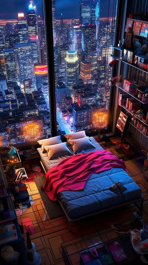 Cyberpunk Bedroom, High Ceiling Bedroom, Cyberpunk House, Cyberpunk Room, Cyberpunk Cityscape, Penthouse View, New Retro Wave, Large Window, Apartment Bedroom