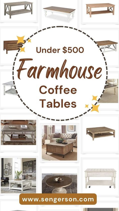 When you think of coffee tables, do you automatically think of an expensive home décor? Now you don’t have to go over the budget with my selections of Farmhouse Coffee Tables Under $500. #CoffeeTable #FarmhouseDecor Farmhouse Coffee Tables, Aesthetic Coffee Table, Affordable Coffee Tables, Rustic Chic Living Room, Cheap Coffee Table, Affordable Farmhouse, Farmhouse Style Table, Cottage Style Home, Perfect Coffee Table