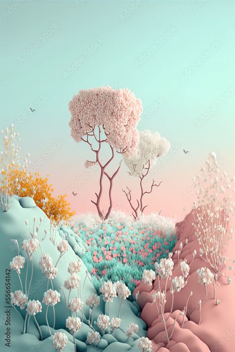 Pastel Garden, Creative Landscape, Spring Pastels, Ad Creative, Pink Trees, Clear Blue Sky, The Arrival, Vector Design, Pastel Pink