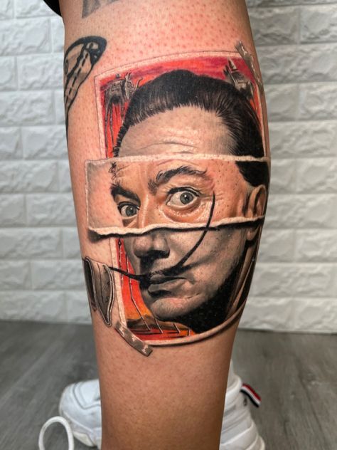 Ripped Photo, Salvador Dali Portrait, Dali Portrait, Tato Realis, Dali Tattoo, Brother Tattoos, Line Work Tattoo, Photo Tattoo, Realism Tattoo