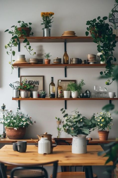 Looking to amp up your dining room design? Check out these 5 chic tips for stylish floating shelves! From smart organization tricks to eye-catching decor ideas, this guide shows you how to transform plain shelves into stunning display areas. Learn how to blend functionality with style, use interesting textures, and layer your decor to create depth. Whether you're showcasing dinnerware, plants, or decorative candles, these ideas will totally inspire you to revamp your dining space. Say goodbye to boring walls and hello to cozy charm with these easy upgrades! Floating Shelves Dining Room, Dining Room Floating Shelves, Shelves Dining Room, Room Floating Shelves, Style Shelves, Dining Room Shelves, Stylish Dining Room, Chic Lighting, Decorative Candles