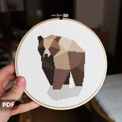 More info about this cross stitch pattern coming up, just BEAR with me: Instant PDF download of a Low Poly Bear Cross Stitch Pattern. The pattern is perfect for beginners as it has simple shapes and low number of colors (as well as low number of polygons). Size: 57 x 79 stitches Finished size: 14ct: 4.1 x 5.6 in / 10.3 x 14.3 cm 16ct: 3.6 x 4.9 in / 9 x 12.5 cm 18ct: 3.2 x 4.4 in / 8 x 11.1 cm Number of colors (DMC): 9 Pattern Keeper Tested ✔ PDF includes: - Color pattern - Black and white pattern - List of thread colors (DMC) - PDF files are optimized for on-screen use if you don't want to print them! You'll get this as an instant download. If you have any questions, concerns, or comments feel free to message me I'll get back to you as soon as possible! Happy stitching! This listing is fo Stitch Bear, Bear Cross Stitch Pattern, Bear Cross Stitch, Grizzly Bear, Bear Pattern, Simple Shapes, Brown Bear, Low Poly, White Patterns