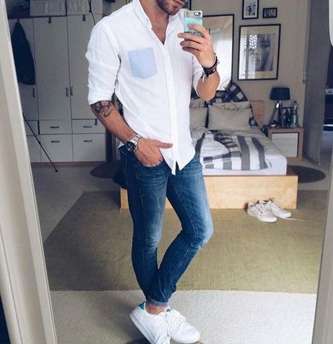 White Shirt With Blue Jeans And Adidas Shoes fashion mens fashion fashion and style fashion for men Jeans White Shirt Outfit, White Shirt Outfit For Men, Blue Jeans Outfit Men, Blue Jeans White Shirt, White Shirt Outfit, Macho Alfa, Jeans Outfit Men, White Shirt Outfits, Mode Hipster