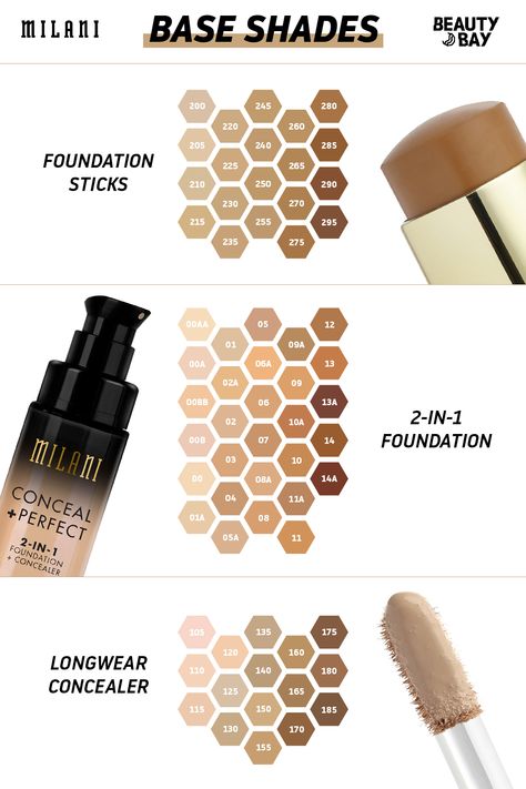 Find your shade in the Iconic Milani 2-in-1 Foundation, Foundation Sticks and Longwear Concealer. #BEAUTYBAY #foundation #pantone #concealer #iconic Milani Makeup Products, Milani Foundation Shades, Milani Foundation Swatches, Milani Foundation, Stick Concealer, Milani Makeup, Foundation Swatches, Milani Cosmetics, Concealer Stick