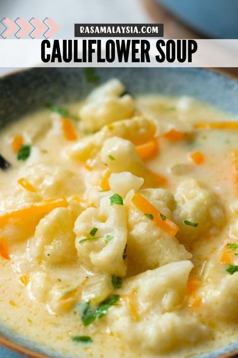 This delightful Cauliflower Soup combines tender cauliflower florets, delicate shreds of carrot, and earthy celery within a creamy, and cheesy infused base. It's an easy homemade soup recipe that brings a warm and flavorful meal to the table in less than 30 minutes. Simple, yet utterly delicious. Easy Homemade Soups, Creamy Cauliflower Soup, Cauliflower Soup Recipes, Homemade Soup Recipe, Creamy Cauliflower, Cauliflower Soup, Easy Soups, Cauliflower Recipes, Homemade Soup