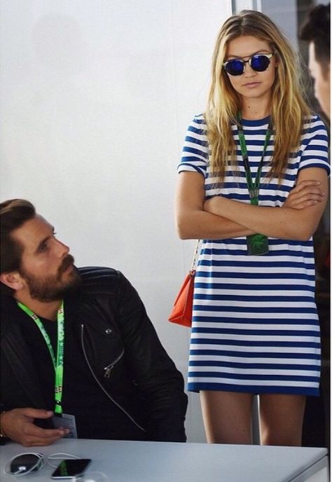 Gigi Hadid bumps into Scott Disick at the Montreal Grand Prix Gigi Hadid 2015, Gigi Hadid Pictures, Celebrity Style Guide, Gigi Hadid Outfits, Gigi Hadid Style, Striped T Shirt Dress, Scott Disick, Hadid Style, Celebrity Street Style