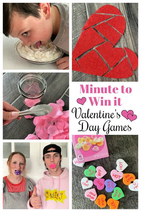 Valentines Games. These fun Minute to Win it Valentine's Day Games are perfect for your next Valentines party. Your guests will love these Valentines games! #minutetowinitgames #Valentinesdaygames #valentinesgames #minutetowinitvalentinesgames Valentines Games For Couples, Kids Valentine Party, Valentines Class Party, Valentine's Day Party Games, Valentine Party Game, Fun Valentines Day Ideas, Valentines Games, Minute To Win, Minute To Win It Games