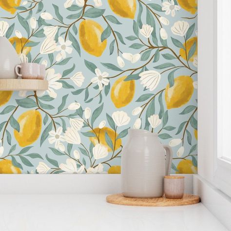 Lemon wallpaper on Esty Lemon Flowers, Etsy Fabric, Grasscloth Wallpaper, Flowers Wallpaper, Kitchen Wallpaper, Lemon Tree, Prepasted Wallpaper, Free Prints, Paint Cans