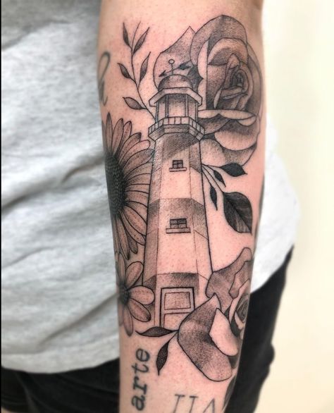 Lighthouse Flower Tattoo, Lighthouse Tattoo With Flowers, Lighthouse And Flowers Tattoo, Lighthouse Arm Tattoo, Sea Themed Matching Tattoos, Lighthouse Tattoo For Women Half Sleeves, Floral Lighthouse Tattoo, Lighthouse Sleeve Tattoo Women, Lighthouse Tattoos For Women