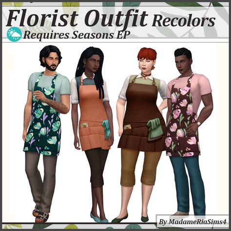 Florist Outfit Recolors | MadameRia on Patreon Sims 4 Baker Clothes Cc, Sims 4 Barista Outfit, Sims 4 Apron Accessory, Sims 4 Cc Apron Accessory, Sims 4 Florist, Florist Outfit, Barista Outfit, Painter Outfit, Barista Outfits