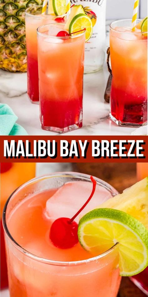 Bay Breeze Cocktail, Malibu Bay Breeze, Malibu Rum Drinks, Drinks With Cranberry Juice, Coconut Rum Drinks, Rum Drinks Recipes, Fruity Alcohol Drinks, Malibu Drinks, Malibu Coconut