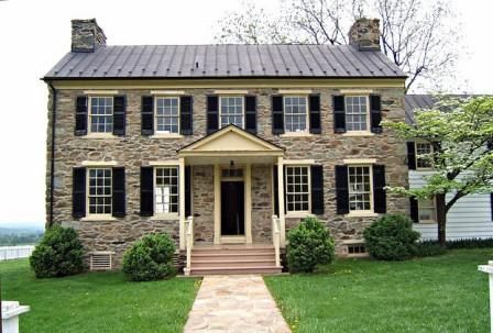 Federal House Architecture - 1843 - Mount Bleak, VA. This house was built in 1843 on Mount Bleak in Virgina. The rough cut field stone is a nice effect and all locally grown. The exterior has little to distinguish this as a Federalist (rather than a Georgian) except the age and the shutters. House Arrest Ankle Monitor, Colonial Home Exteriors, Ankle Monitor, Federal House, Federal Style House, Cooperstown Ny, Trendy House, Black Shutters, Old Stone Houses