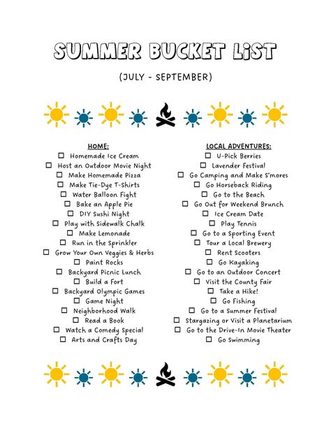 "Fun Bucket List Activity to do this Summer! Live each season to the fullest with this fun checklist poster for kids and adults. You will receive: One 8.5\" x 11\" PDF  DIGITAL FILE - INSTANT DOWNLOAD  This listing is for printable, digital PDF files only. This is not an editable document. No printed material will be shipped to you. * Downloaded products are non-refundable THESE FILES ARE FOR PERSONAL USE ONLY. You may not sell or share the files or any graphics they contain. No commercial use allowed." To Do List Before Vacation, Cheap Things To Do With Kids, Fun Checklist, Seasonal Bucket List, Bucket List Activity, Summer Holiday Activities, Uppfostra Barn, Bucket List Printable, Summer Checklist