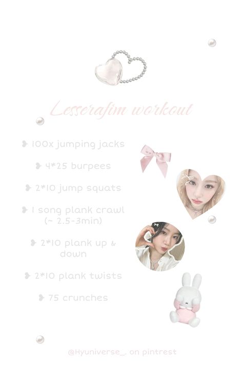 The LESSERAFIM workout is so tiring, but so worth it!! (๑و•̀Δ•́)و✧ I recommend doing it a few times a week, with some days of rest and recovery. (Reminder: don't push yourself too much and only do what you are comfortable doing.) Good Luck!! ♡(@'ω'@)/♡ #HomeDecor #HouseGoals #InteriorDesign #HomeInspiration #HomeIdeas #DecorInspiration #InteriorInspo #DecorTips #HomeDecorating #HomeStyle Lessafirm Workout, Leserrafim Workout, Aesthetic Workout Routine, Lesserafim Workout, Aesthetic Home Gym, Kpop Workout, Rest And Recovery, Fitness Vision Board, Push Day