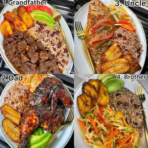 🇯🇲It’s Sunday and you can only choose one house to stop by. Where are you stopping? 1. Grandfather- Brownstew Goat( Does not eat curry)|Rice & Peas, plantain, tomatoes🥑 2. Dad- Jerk Chicken, Rice & Peas, plantain, salad, 🥑 3. Uncle- Brownstew Fish ( He’s pescatarian), Rice & Peas, Steamed Vegetables, Plantains 4. Brother- Vegetable Plate ( He’s vegan), Rice & Peas, plantain 🥑 Jerk Rice, Chicken Rice Peas, Plantain Salad, Jerk Chicken Rice, Chicken Rice And Peas, Rice Peas, Big Dinner, Vegetable Plate, Vegan Rice