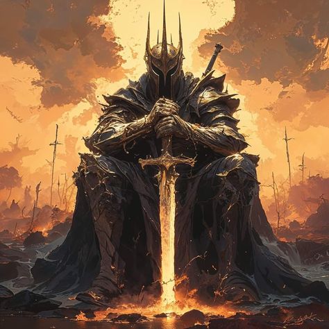 Crusader Pfp, Guardian Knight, King Throne, Dark Paladin, Isekai Anime, King On Throne, Armor Drawing, Dungeons And Dragons Classes, Dark Souls Art