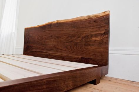 wood slab headboard - Google Search King Size Bed Frame Diy, Live Edge Headboard, Live Edge Bed, King Size Bed Headboard, Floating Headboard, Walnut Bed, Minimalist Bed, Bed Frame Design, King Size Headboard