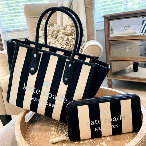 Kate Spade Handbag With Wallet. Description Details 8"H X 12.4"Wx 5"D Handle Drop: 5" Strap Drop: 22" Fabric Embroidered Logo Canvas Lining Interior: Back Zip Pocket Drop In Top Zip Closure Dust Bag Not Included Wallet: Details 4" H X 1"1/2 W X 7"3/4 D Canvas Trim: Smooth Leather Embossed Spade Logo Two Way Spade Jaquard Lining Interior: 12 Credit Card Slots 2 Slip Pockets Zip Coin Compartment 3 Gusset Compartments Exterior: Slip Pocket On Back Zip Closure Dust Bag Not Included Spade Logo, Kate Spade Handbag, Vintage Kate Spade, Kate Spade Totes, Fashion 101, Kate Spade Handbags, Drop In, Cute Bags, Suitcases