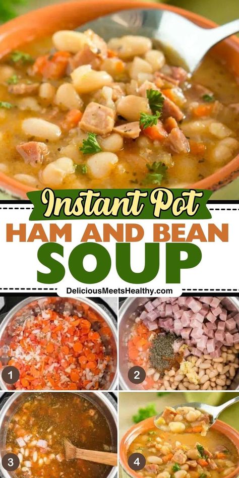 Got leftover ham? This Instant Pot ham and bean soup is the perfect, easy recipe to turn it into a hearty meal! Ready in no time, it’s full of flavor and perfect for a cozy dinner. Instant Pot Ham And Beans No Soak, Ham And Bean Soup Recipes Instant Pot With Canned Beans, Ham Stew Recipes, Ham And Bean Soup Instant Pot, Ham And Bean Soup Recipes Instant Pot, Ham Bone Soup Recipes Instant Pot, Instant Pot Ham And Bean Soup, Ham Bean Soup Recipes, Ham Soup Instant Pot