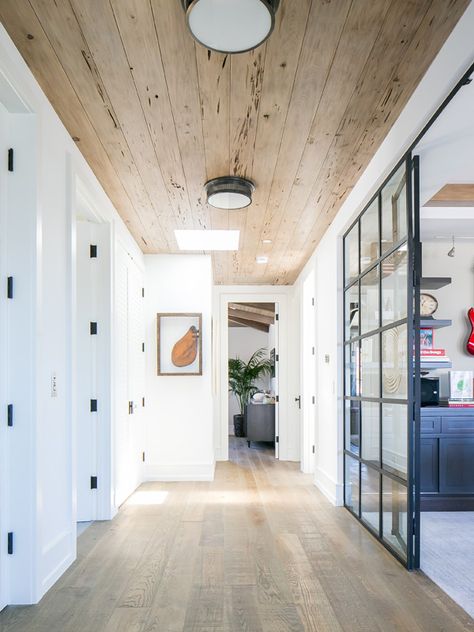 BLACKBAND_DESIGN_ORCHID_HALLWAY_CEILING Tropical British Colonial Style, Tropical British Colonial, White French Doors, Hallway Ceiling, Tongue And Groove Ceiling, French Doors Exterior, British Colonial Style, Ceiling Treatments, White Oak Floors