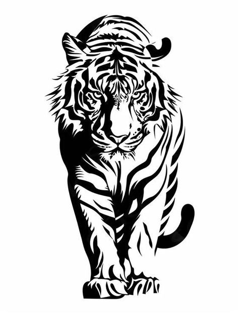 The image is a black and white illustration of a tiger. The tiger is facing forward, with its head held high and its eyes narrowed. Its stripes are clearly defined, and its body is muscular. The tiger is depicted in a predatory stance, with its paws poised to strike. The image is striking in its simplicity, and it captures the power and beauty of this magnificent animal.  ... daha fazla Tiger Vector Design, Tiger Pattern Design, White Tiger Illustration, Tiger Painting Abstract, Tiger Head Drawing, Tiger Line Art, Tiger Outline, Tiger Stencil, Image Random