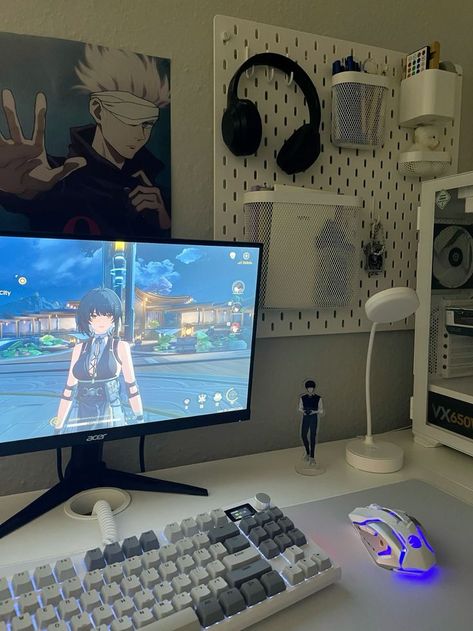 Messy Pc Setup, Simple Pc Setup Aesthetic, Anime Office Ideas, Gaming Room Setup Minimalist, Streaming Setup Ideas Aesthetic, Japanese Gaming Setup, Streamer Setup Aesthetic, Gaming Setup Dark, Game Designer Aesthetic