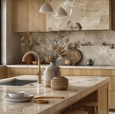 Neutral Earthy Kitchen, Kitchen Neutral Colors, Kitchen White And Wood, Stone Kitchen Countertops, Light Wood Kitchen, Japandi Color Palette, Neutral Kitchen Colors, Japandi Style Kitchen, Kitchen Ideas Luxury