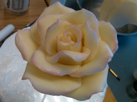 Modeling Chocolate Rose - This rose is made out of modeling chocolate & lightly dusted with a pink luster dust.  I'm SO happy I took a picture in class...  on the way home it melted, then I dropped it!  But the great thing about modeling chocolate is that you can ball it up & make a new one! Edible Sculpture, Chocolate Royal Icing, Modeling Chocolate Recipes, Roulade Cake, Decorative Chocolate, Molding Chocolate, Chocolate Modeling, Chocolate Sculpture, Frosting Flowers