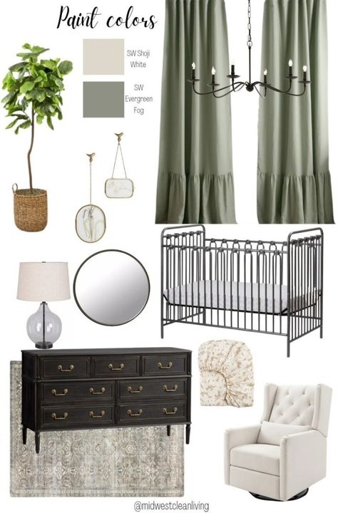 beautiful farmhouse vintage-inspired nursery for baby girl! baby girl nursery, baby girl room, baby room nursery decor, nursery inspiration, floral rug, green nursery, sage nursery, neutral nursery, farmhouse nursery, metal crib, black crib, vintage crib, nursery light, fig tree, evergreen fog, shoji white, nursery curtain, little girl room, cottage nursery, elegant nursery, capiz decor, whimsical nursery, whimsical nursery decor Evergreen Fog Curtains, Black Crib Nursery Ideas Girl, Sage Green And Black Nursery, Sage Green Nursery Girl, Green And Gold Nursery, Green Girls Nursery, Green Baby Girl Nursery, Green And White Nursery, Green Girl Nursery