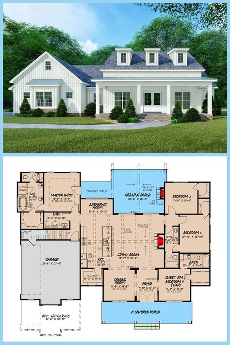 House 1 Floor, Cozy Guest Rooms, Room Floor Plan, 4 Bedroom House Plans, Modern Farmhouse Living, Timber Beams, Entertaining Friends, Contemporary Farmhouse, Modern Farmhouse Plans