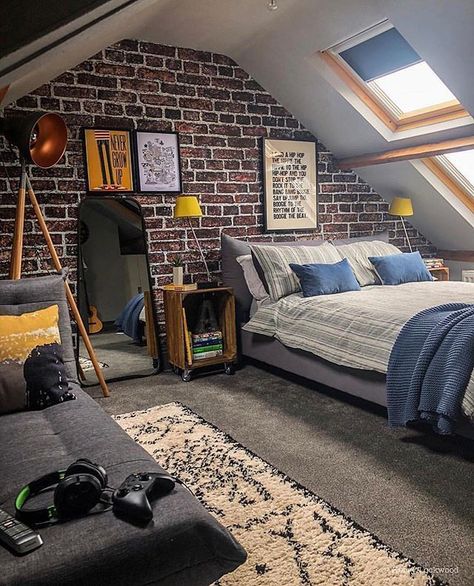 Kerry Lockwood, Brick Feature Wall, Teenager Bedroom Boy, Attic Bedroom Designs, Boys Bedroom Makeover, Attic Room, Boy Bedroom Design, Attic Design, Attic Bedrooms