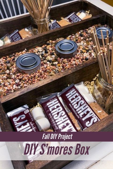 Diy Indoor Smores Station, Indoor Smores Fire, Diy Indoor Smores Fire Pits, S’mores Indoors, Indoor Smores Bar Diy, S’mores Bar Diy, S’mores Tray Diy, S'more Display Ideas, Smores Station Diy