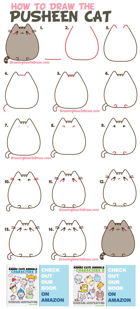 learn how to draw the pusheen cat from social media and facebook stickers easy step by step drawing tutorial for kids & others Pusheen Cat Drawings, How To Draw Pusheen Step By Step, Pusheen Drawings Step By Step, Cute Chibi Cat Drawing, Kawaii Art Cat, How To Draw A Cat Face Easy, How To Draw Kawaii Cats Step By Step, How To Draw A Cute Cat Step By Step, How To Doodle A Cat